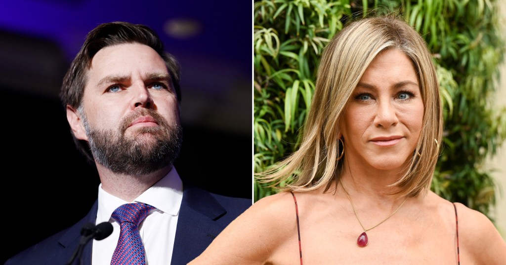Jennifer Aniston looking serious, next to an image of J.D. Vance