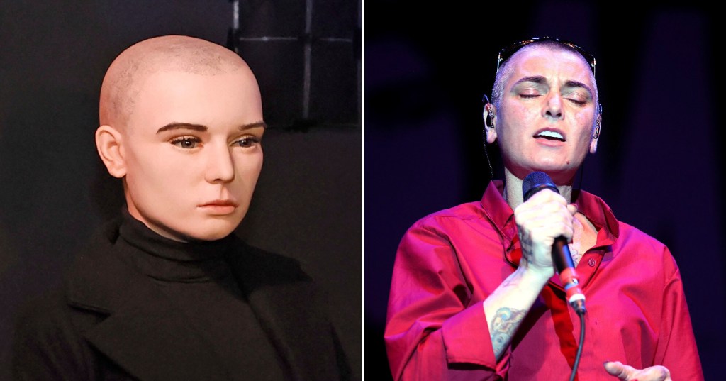 Sinead O'Connor's wax figure alongside a picture of her on stage