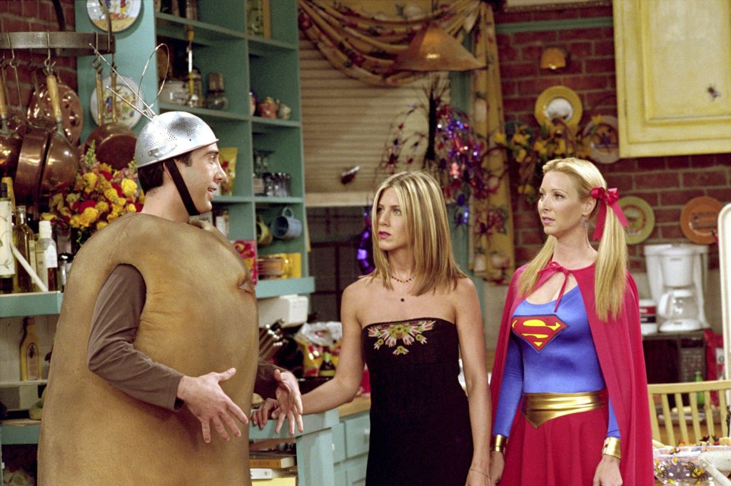 Jennifer Aniston in a scene of Friends as Rachel, alongside Lisa Kudrow and David Schwimmer
