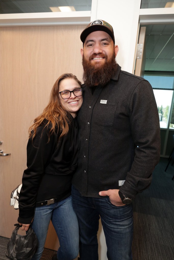 Mandatory Credit: Photo by Eric Charbonneau/REX/Shutterstock (10096776ao) Ronda Rousey and Travis Browne Didi Hirsch Suicide Prevention Center Dedication, Los Angeles, USA - 07 Feb 2019