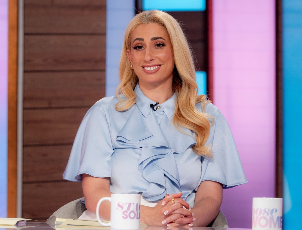 Stacey Solomon wears a blue top as she appears on Loose Women