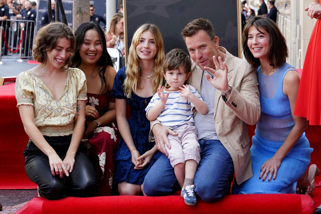 Clara McGregor, Jamyan McGregor, Anouk McGregor, Laurie McGregor, Ewan McGregor, and Mary Elizabeth Winstead attend a ceremony honoring Ewan McGregor with a star on the Hollywood Walk of Fame