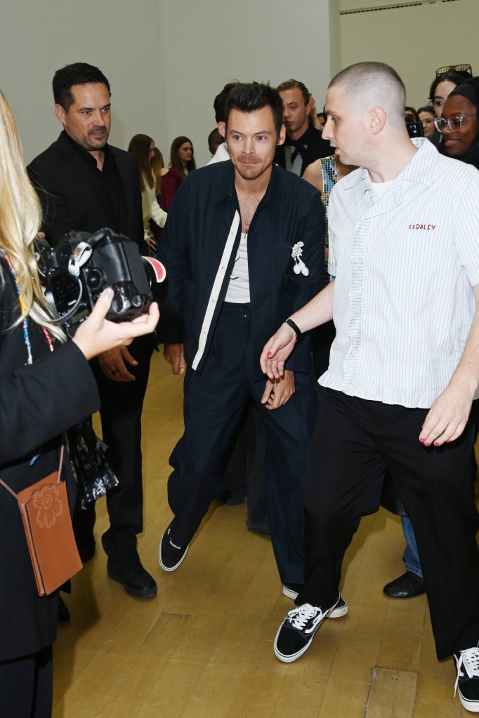 Harry Styles surrounded by people at the SS Daley show during London Fashion Week 