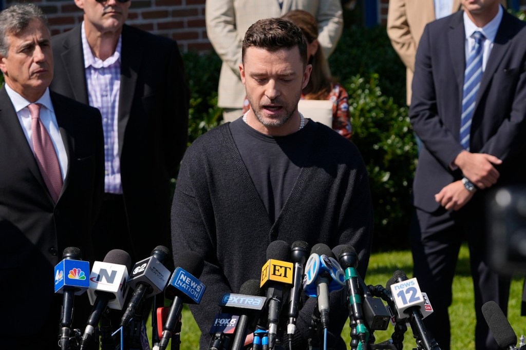 Justin Timberlake speaks to the press after a court hearing, Friday, Sept. 13, 2024, in Sag Harbor, N.Y 