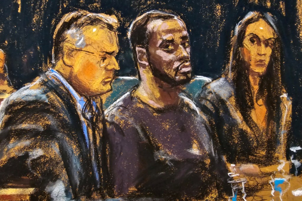 Sean 'Diddy' Combs and his defense lawyers Marc Agnifilo and Teny Geragos seated during a bail hearing in federal court in this courtroom sketch