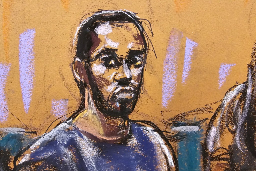 Sean 'Diddy' Combs sits during a bail hearing in federal court in Manhattan in this courtroom sketch