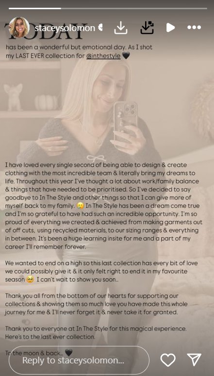 Stacey Solomon's Instagram statement about leaving InTheStyle