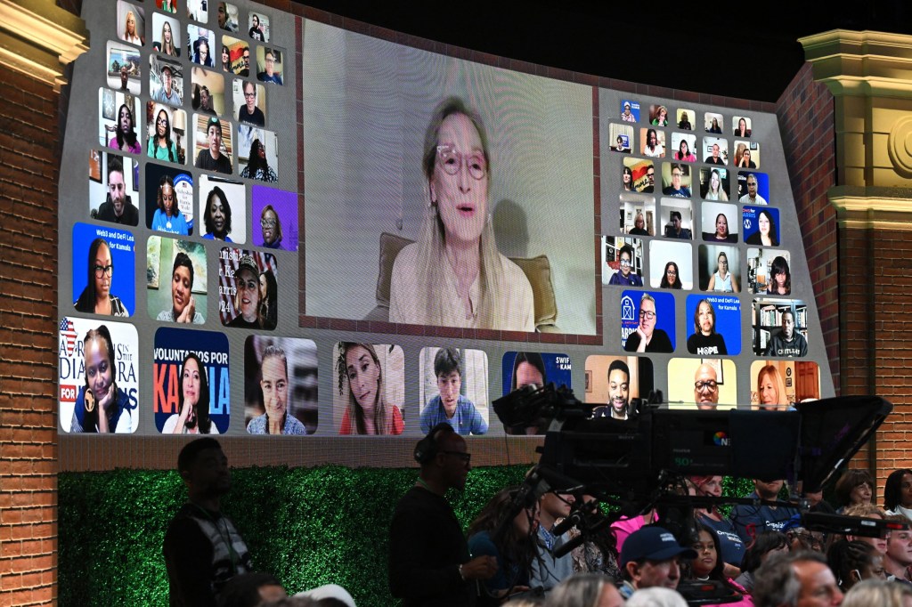 Meryl Streep appears on screen as US Vice President and Democratic presidential candidate Kamala Harris joins US television producer Oprah Winfrey at a 'Unite for America' live streaming rally in Farmington Hills