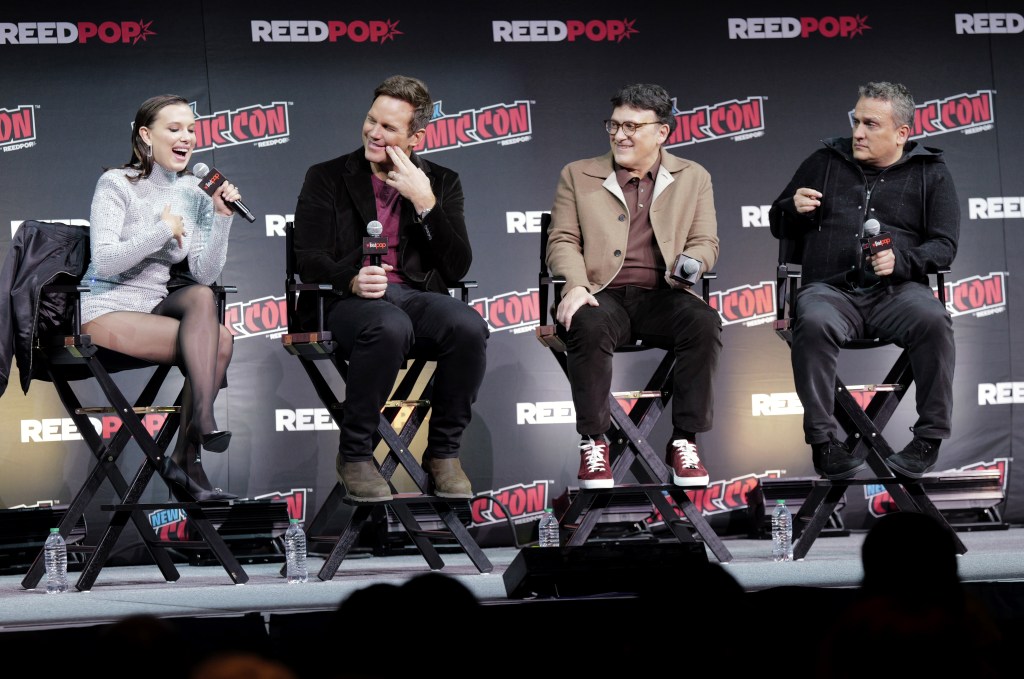 Millie Bobby Brown, Chris Pratt and the Russo brothers at the Electric State New York Comic Con 2024 panel