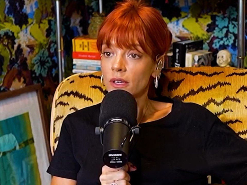 Lily Allen on her podcast, sporting orange hair