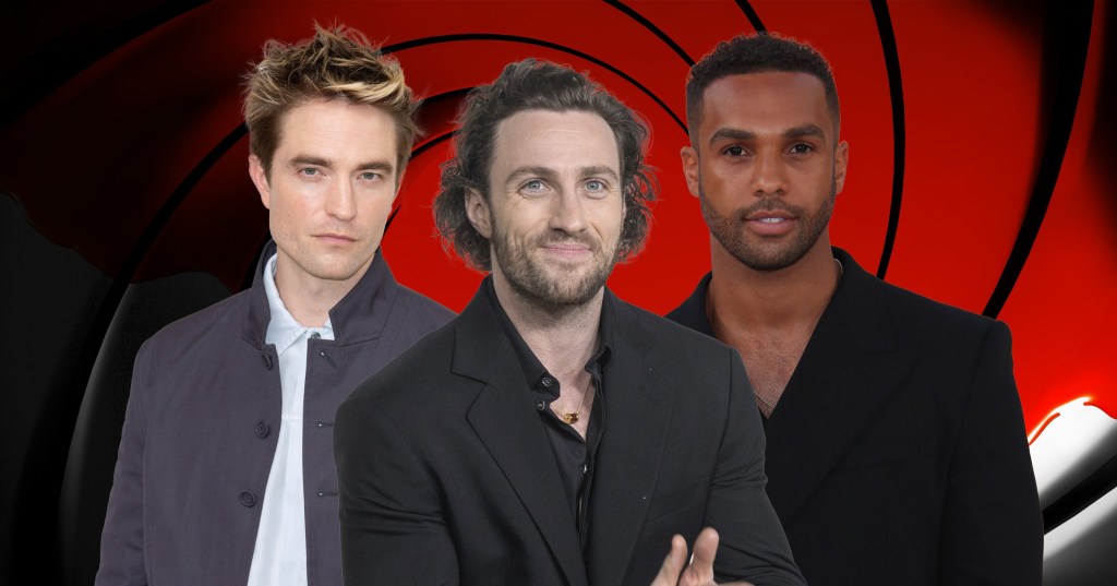 Robert Pattinson, Aaron Taylor Johnson and Lucien Laviscount pose for a photo against James Bond inspired background