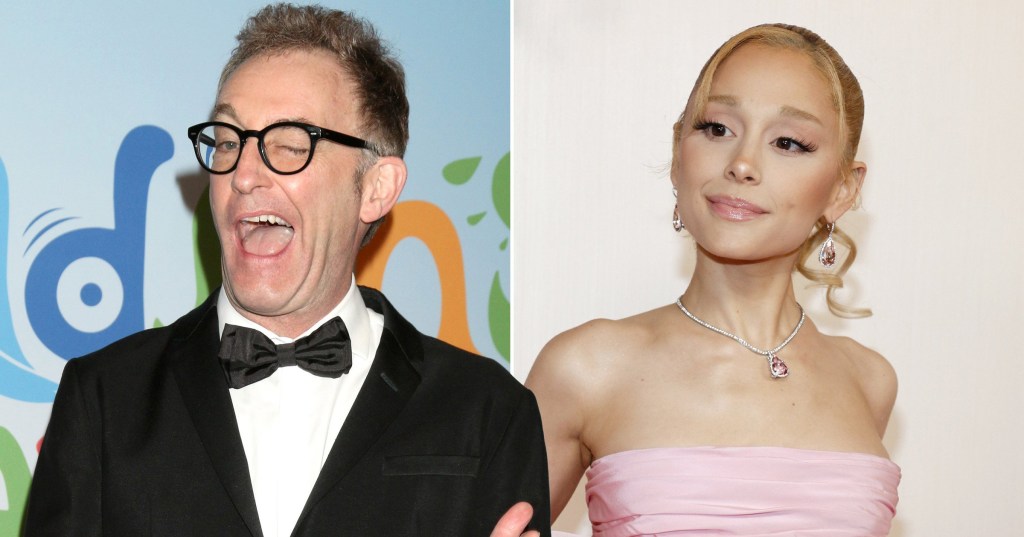 Tom Kenny laughing on stage alongside picture of Ariana Grande in a pink dress on red carpet