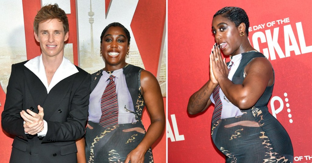 A composite image of Lashana Lynch with Eddie Redmayne, both dressed in black tie, and Lashana Lynch with her baby bump visible in a grey formal dress