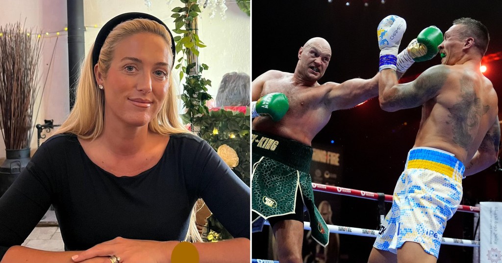 Paris Fury smiling to camera, next to an image of Tyson Fury in green shirts throwing a punch during a boxing match