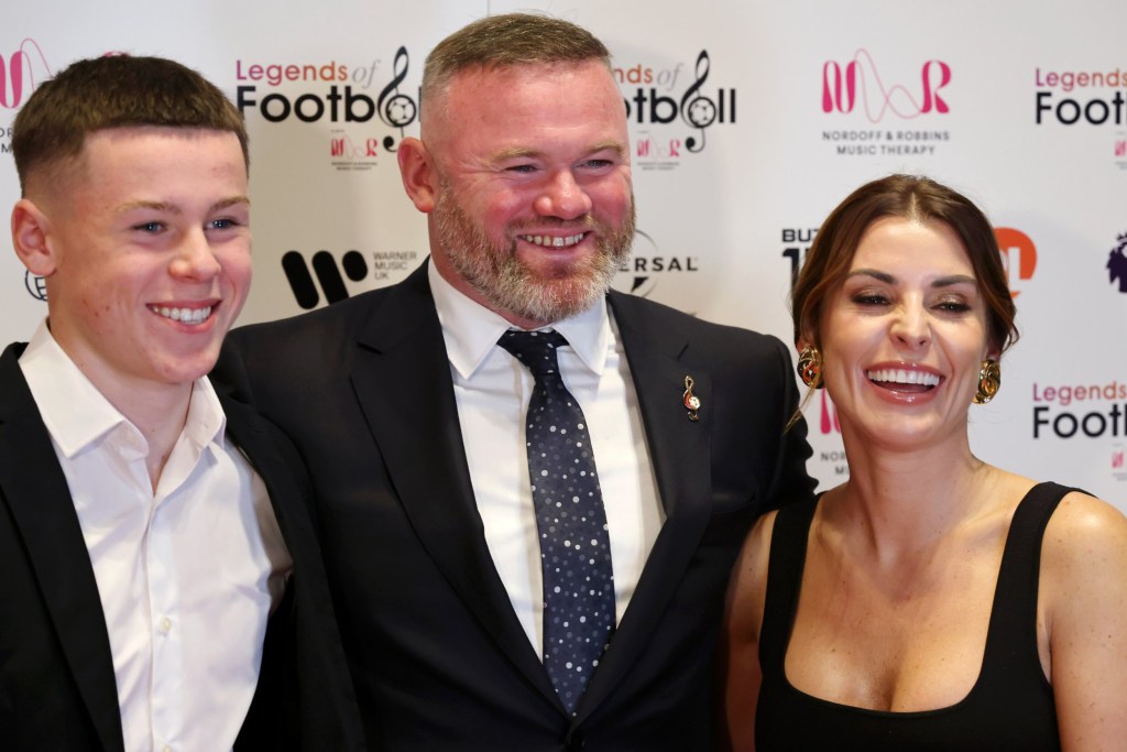 Kai Rooney, Wayne Rooney and Coleen Rooney attend Nordoff Robbins' Legends of Football at JW Marriott Grosvenor House