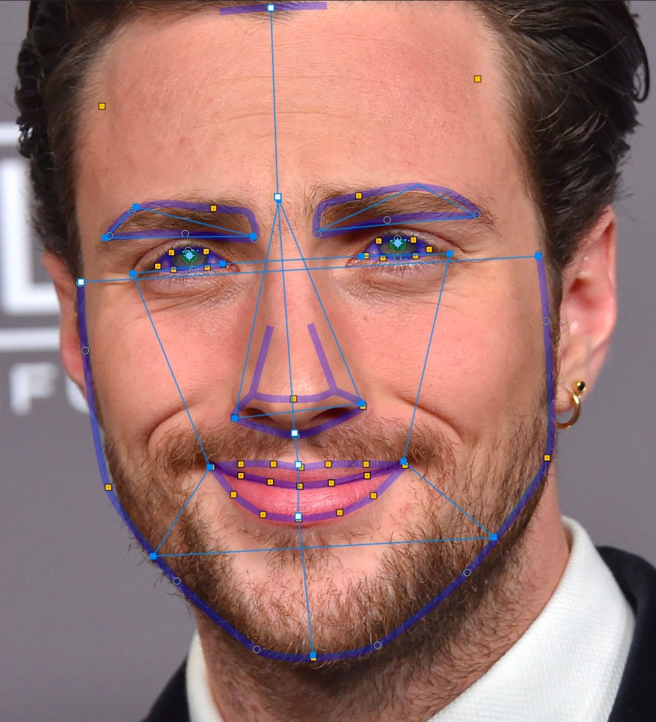 Picture of Aaron Taylor-Johnson'f face with Greek beauty analysis overlayed