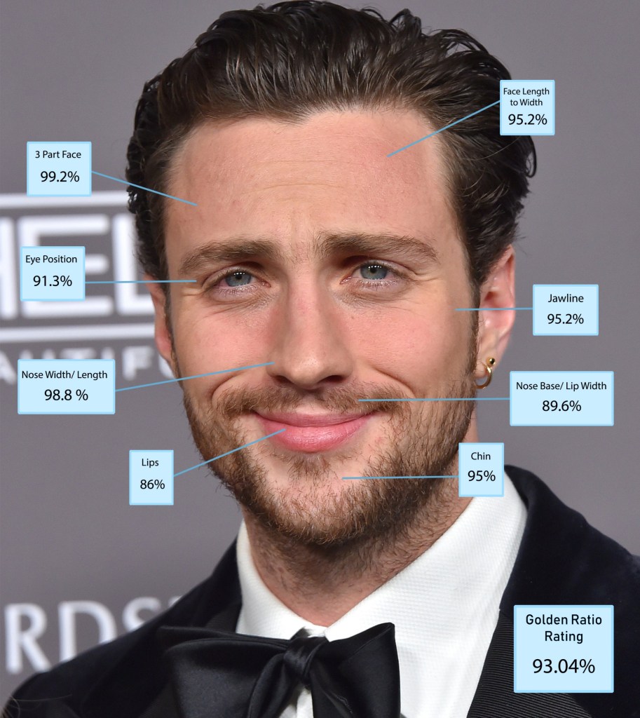 Picture of Aaron Taylor-Johnson'f face with Greek beauty analysis overlayed