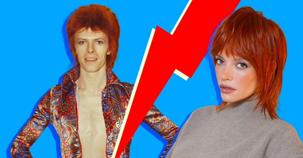 A side-by-side split of David Bowie and Lily Allen 