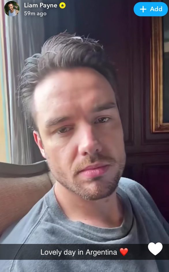 Close up of Liam Payne in Snapchat video, with the caption: 'Lovely day in Argentina'