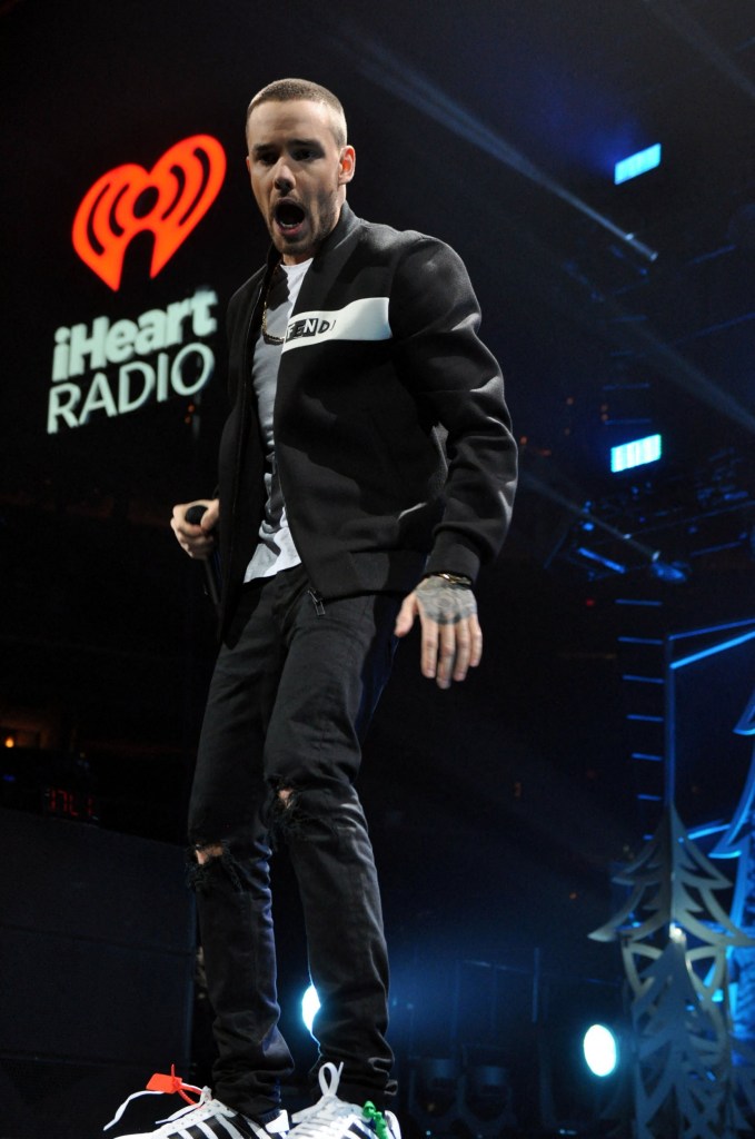 Liam Payne of One Direction performing onstage. He is singing into a microphone and wearing black trousers, a white t-shirt, and a black jacket