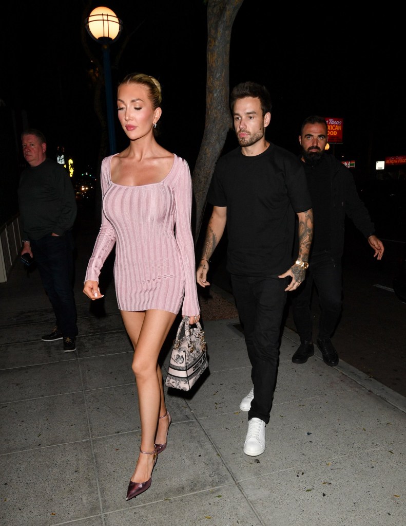 Liam Payne and Kate Cassidy walking in Los Angeles, California. Kate is wearing a pink dress and matching heels while Liam is wearing black trousers and a black t-shirt